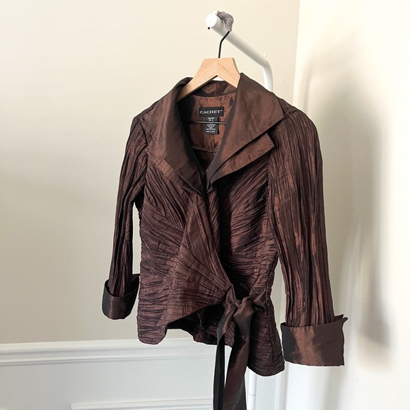 CACHET Vintage Copper Brown Satin Crop Crossover Wrap Jacket Top Lined Women’s 8 - Picture 3 of 11